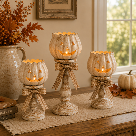 🎃 Harvest Glow Pumpkin Candle Holders – Set of 3 White Pumpkin Fall Decor for Cozy Home
