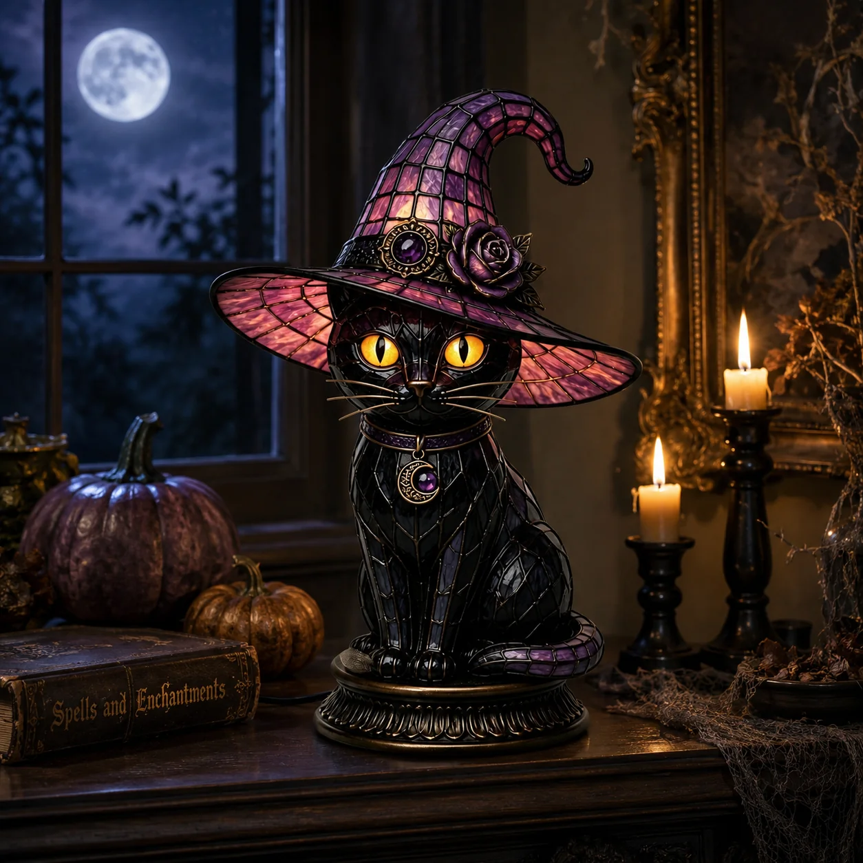 π Gothic Witch Black Cat Stained Glass Lamp