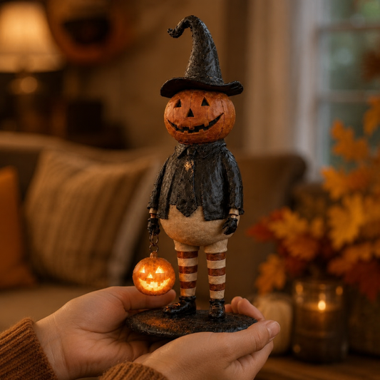 🎃 Vintage Lighted Pumpkin Witch Figurine – Cozy Halloween Tabletop Decor & Fall Home Decoration