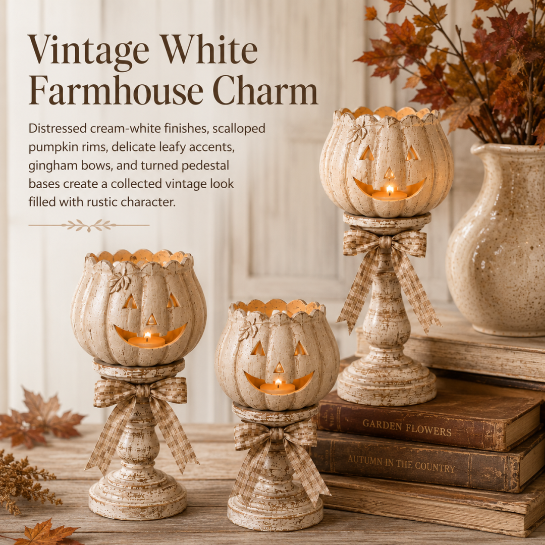🎃 Harvest Glow Pumpkin Candle Holders – Set of 3 White Pumpkin Fall Decor for Cozy Home