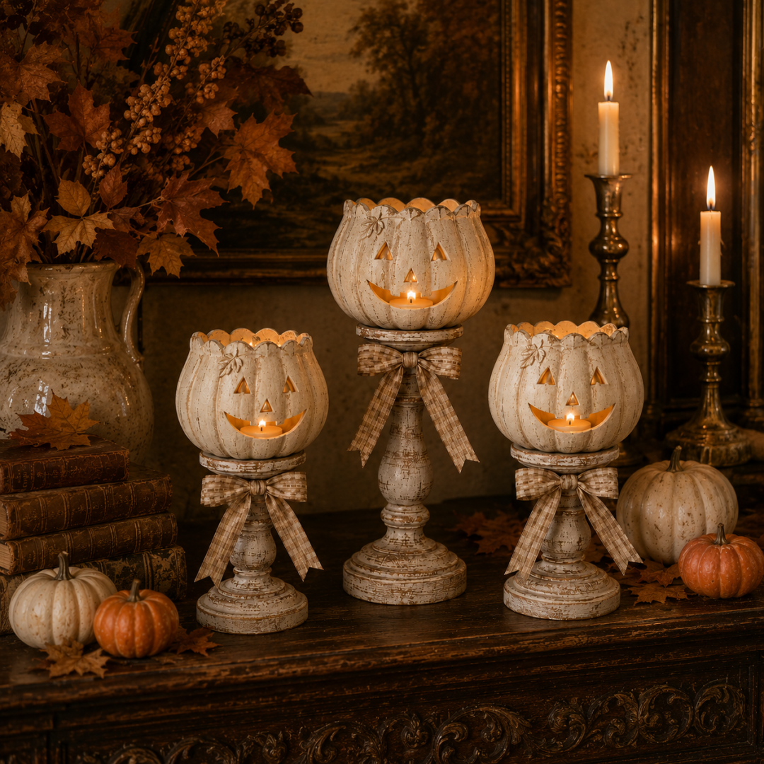 🎃 Harvest Glow Pumpkin Candle Holders – Set of 3 White Pumpkin Fall Decor for Cozy Home