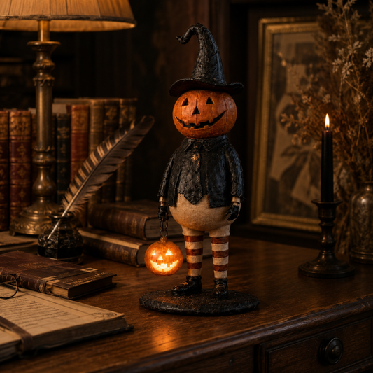 🎃 Vintage Lighted Pumpkin Witch Figurine – Cozy Halloween Tabletop Decor & Fall Home Decoration