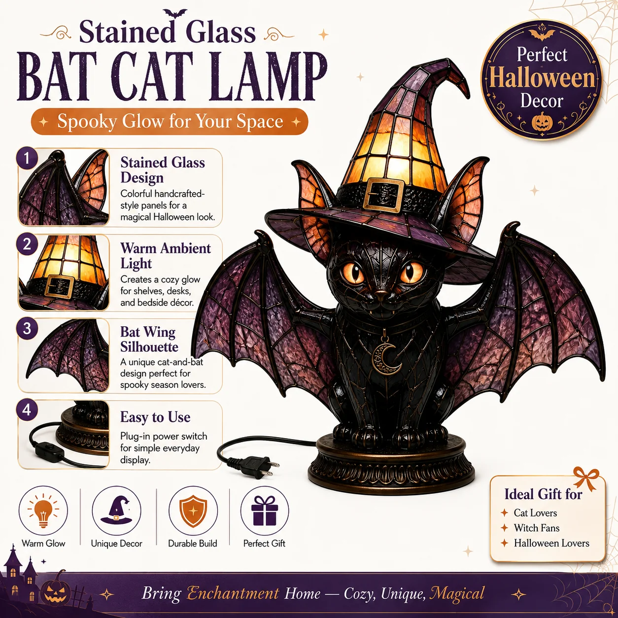 🐈 Gothic Witch Black Cat Stained Glass Lamp