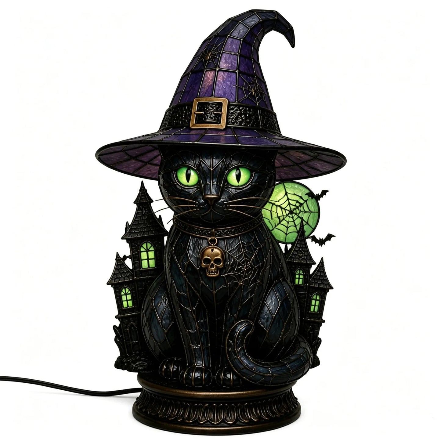 🐈 Gothic Witch Black Cat Stained Glass Lamp