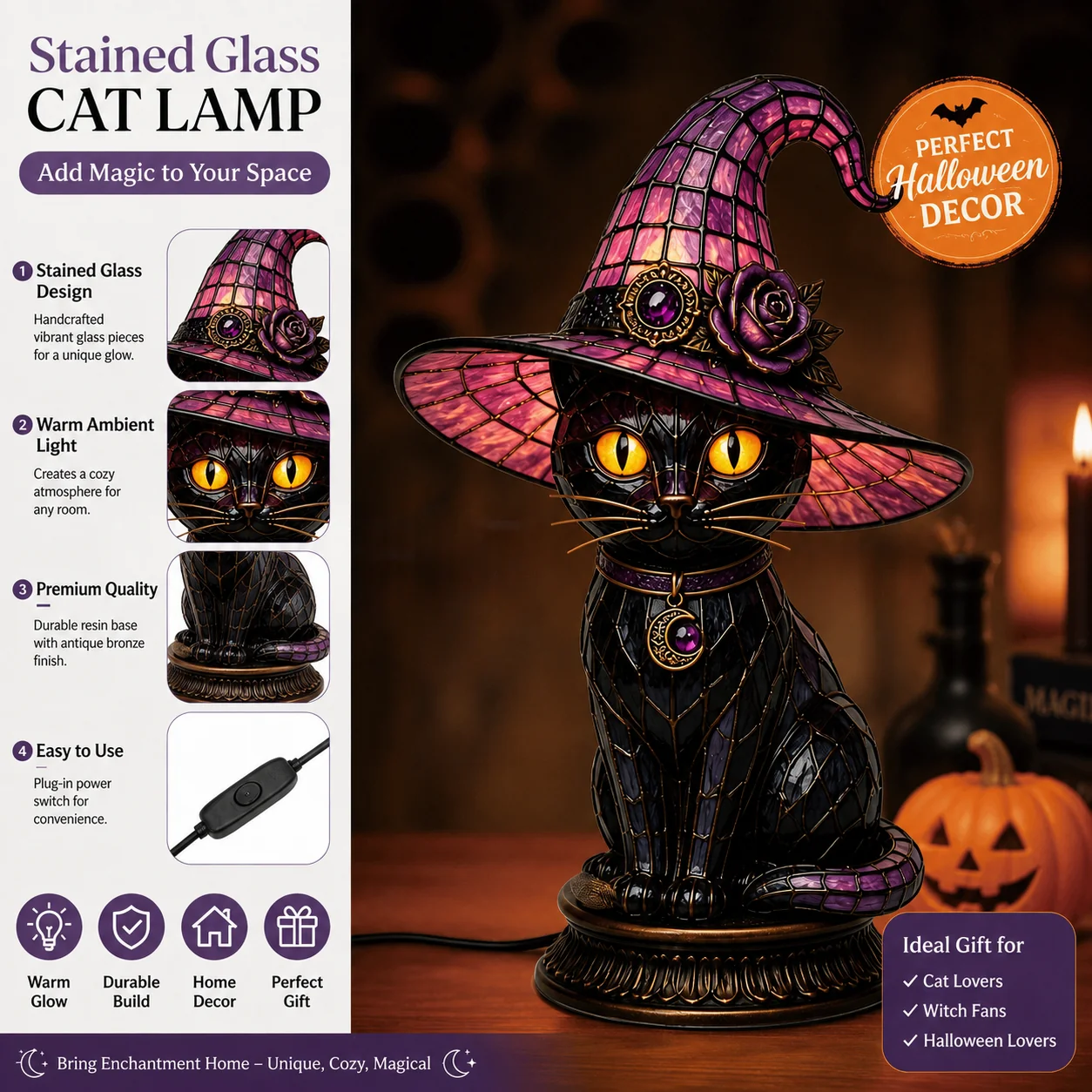 🐈 Gothic Witch Black Cat Stained Glass Lamp