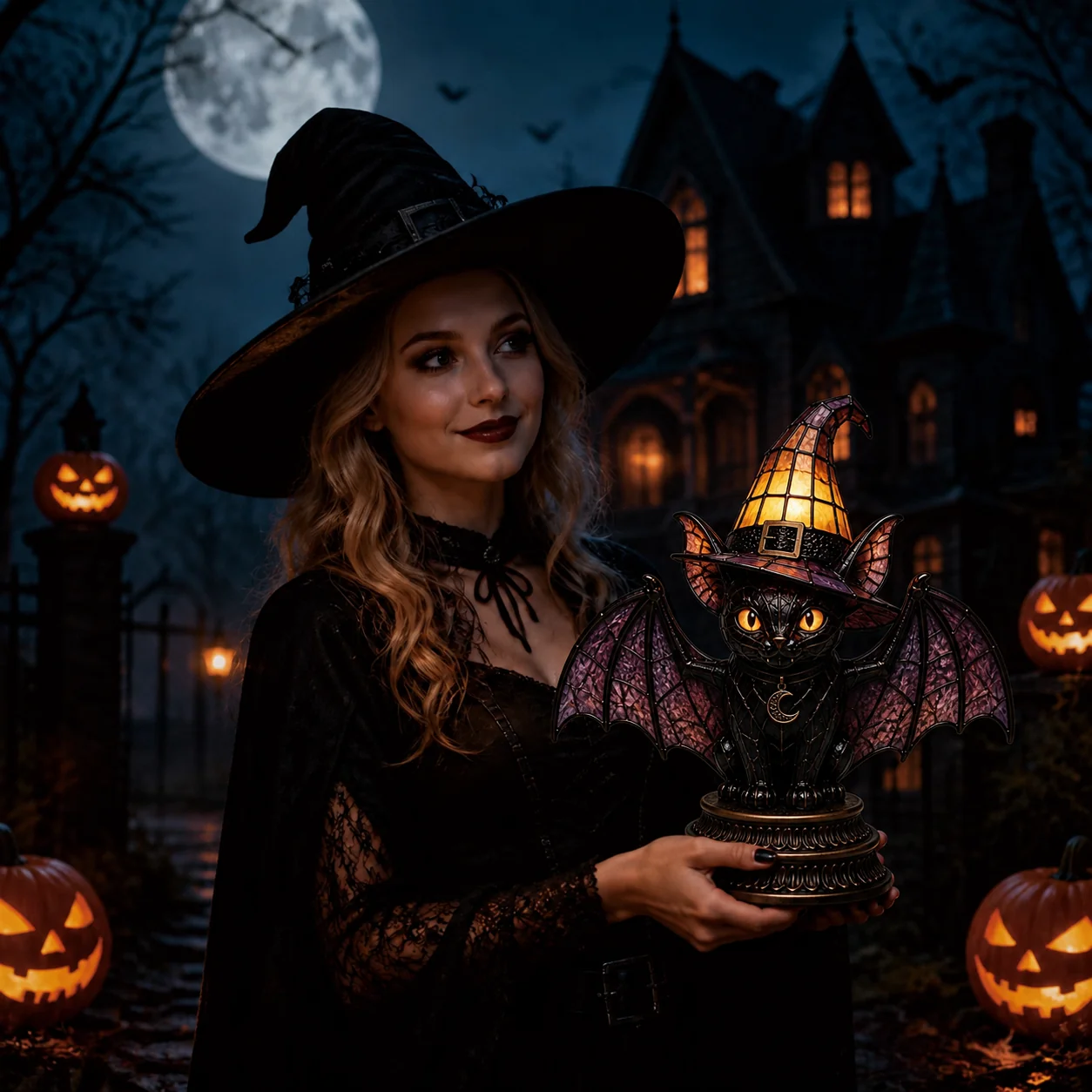 🐈 Gothic Witch Black Cat Stained Glass Lamp