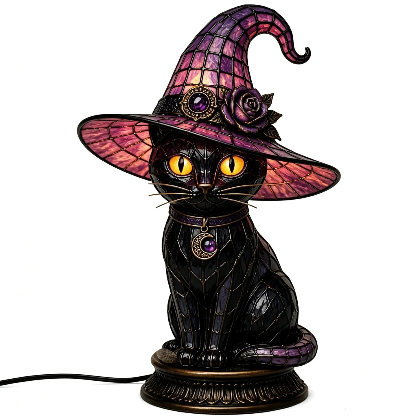 🐈 Gothic Witch Black Cat Stained Glass Lamp