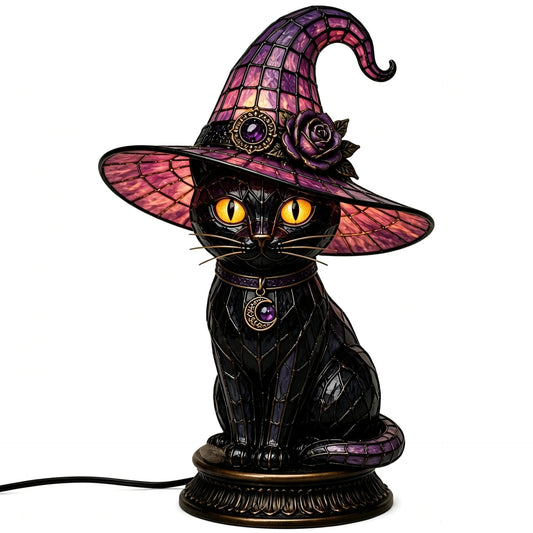 🐈 Gothic Witch Black Cat Stained Glass Lamp