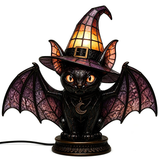 🐈 Gothic Witch Black Cat Stained Glass Lamp